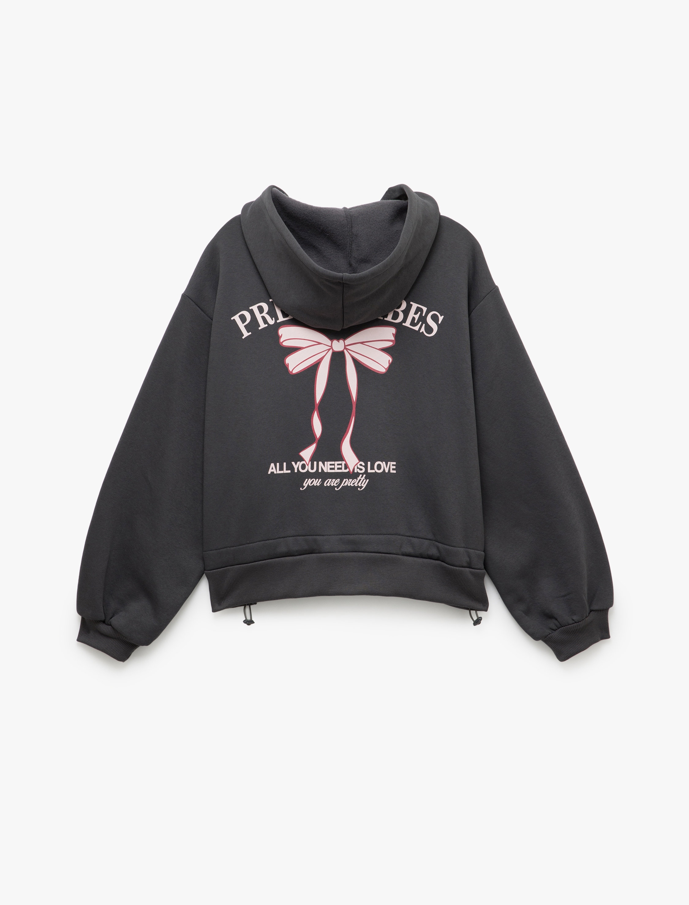   Şardonlu Uzun Kollu Kapüşonlu Fermuarlı Arkası Baskılı Sweatshirt