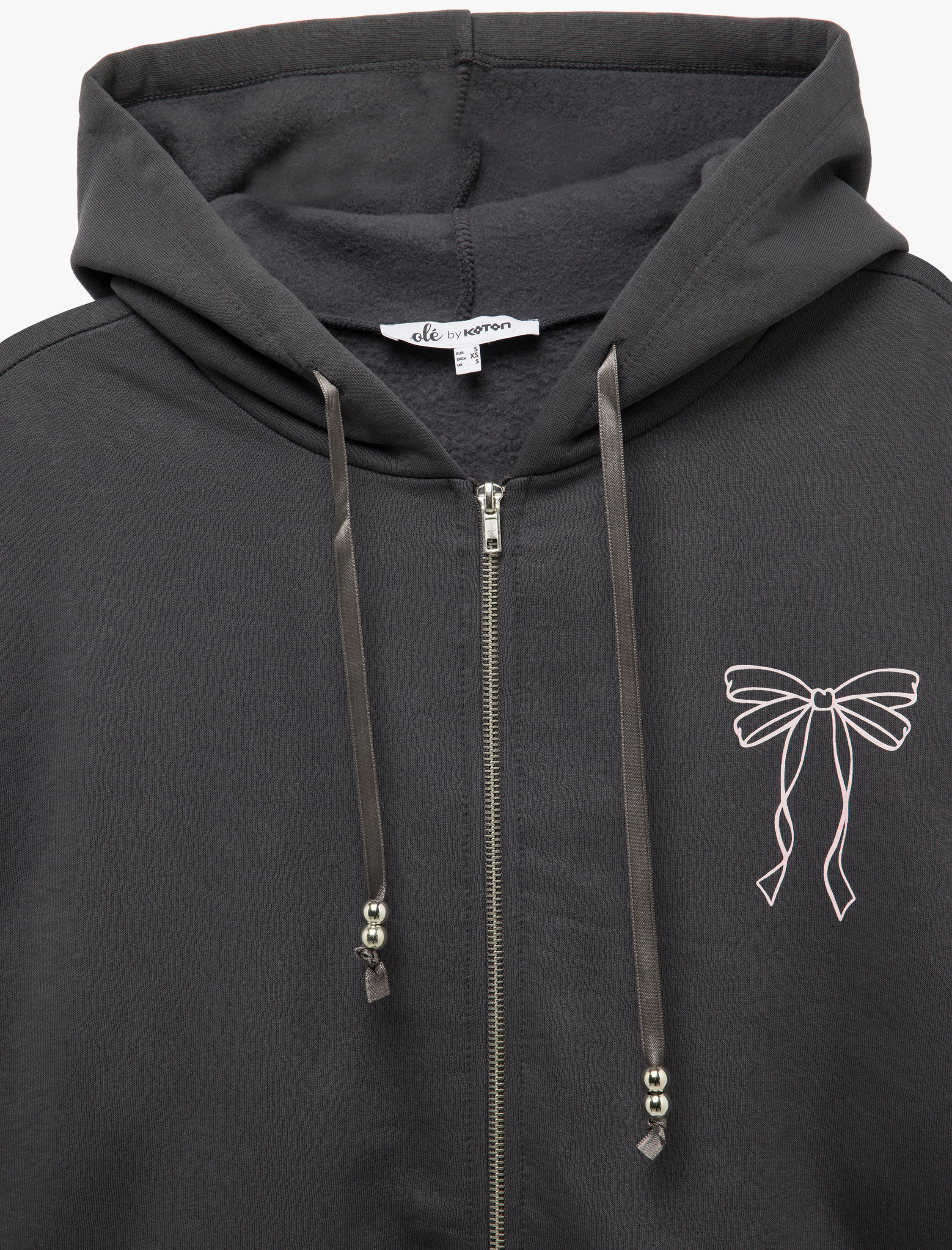   Şardonlu Uzun Kollu Kapüşonlu Fermuarlı Arkası Baskılı Sweatshirt