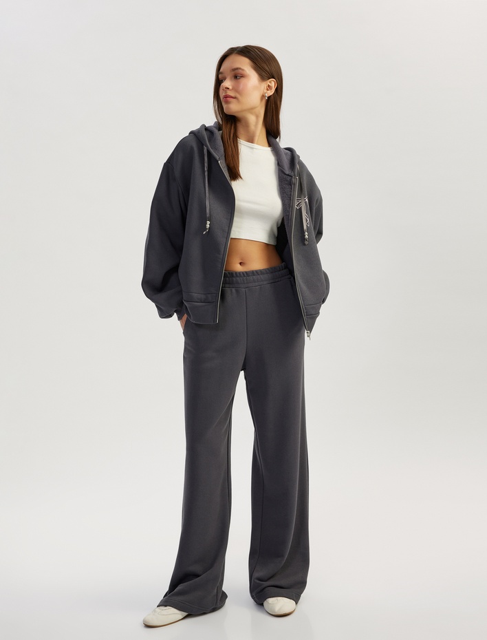  Şardonlu Uzun Kollu Kapüşonlu Fermuarlı Arkası Baskılı Sweatshirt