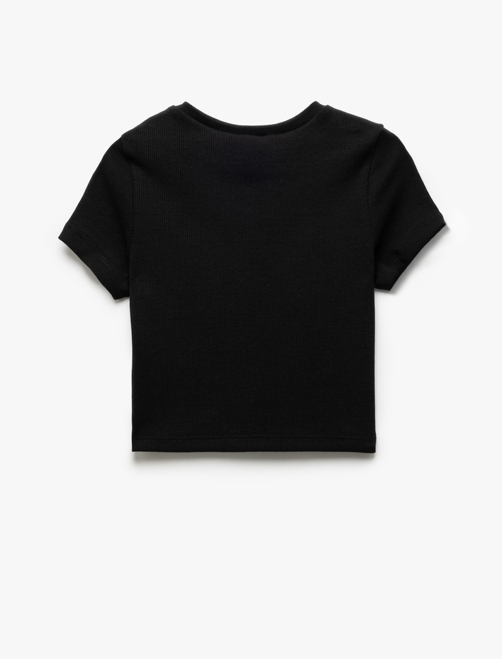 Kız Çocuk Baskılı Bisiklet Yaka Kısa Kollu Pamuklu Crop Tişört