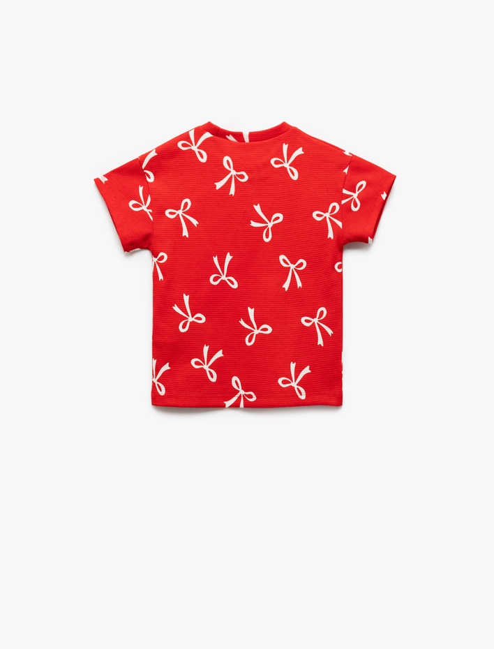 Kız Bebek Fiyonk Desenli Bisiklet Yaka Kısa Kollu Pamuklu Tişört