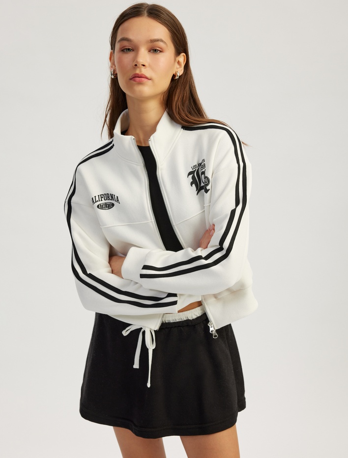  Şardonlu Fermuarlı Cepli Biyeli Kolej Baskılı Sweatshirt