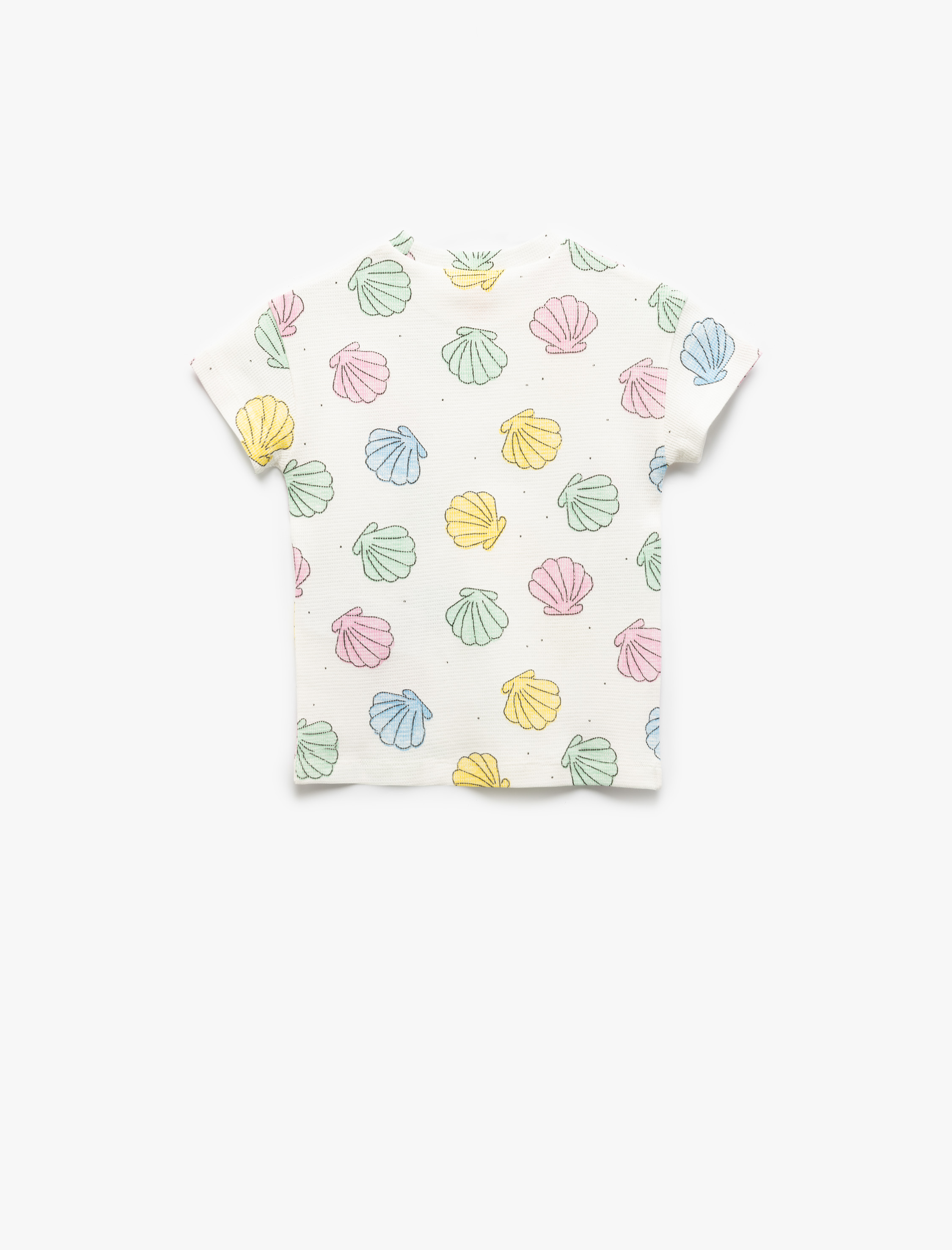  Kız Bebek Pamuklu Deniz Kabuğu Desenli Bisiklet Yaka Kısa Kollu Tişört