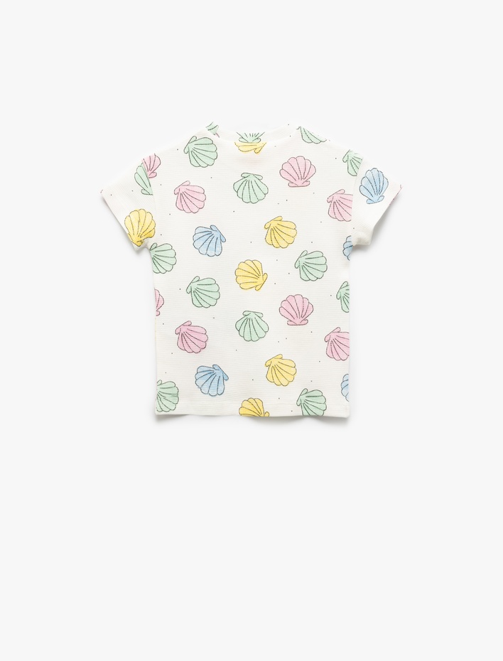 Kız Bebek Pamuklu Deniz Kabuğu Desenli Bisiklet Yaka Kısa Kollu Tişört