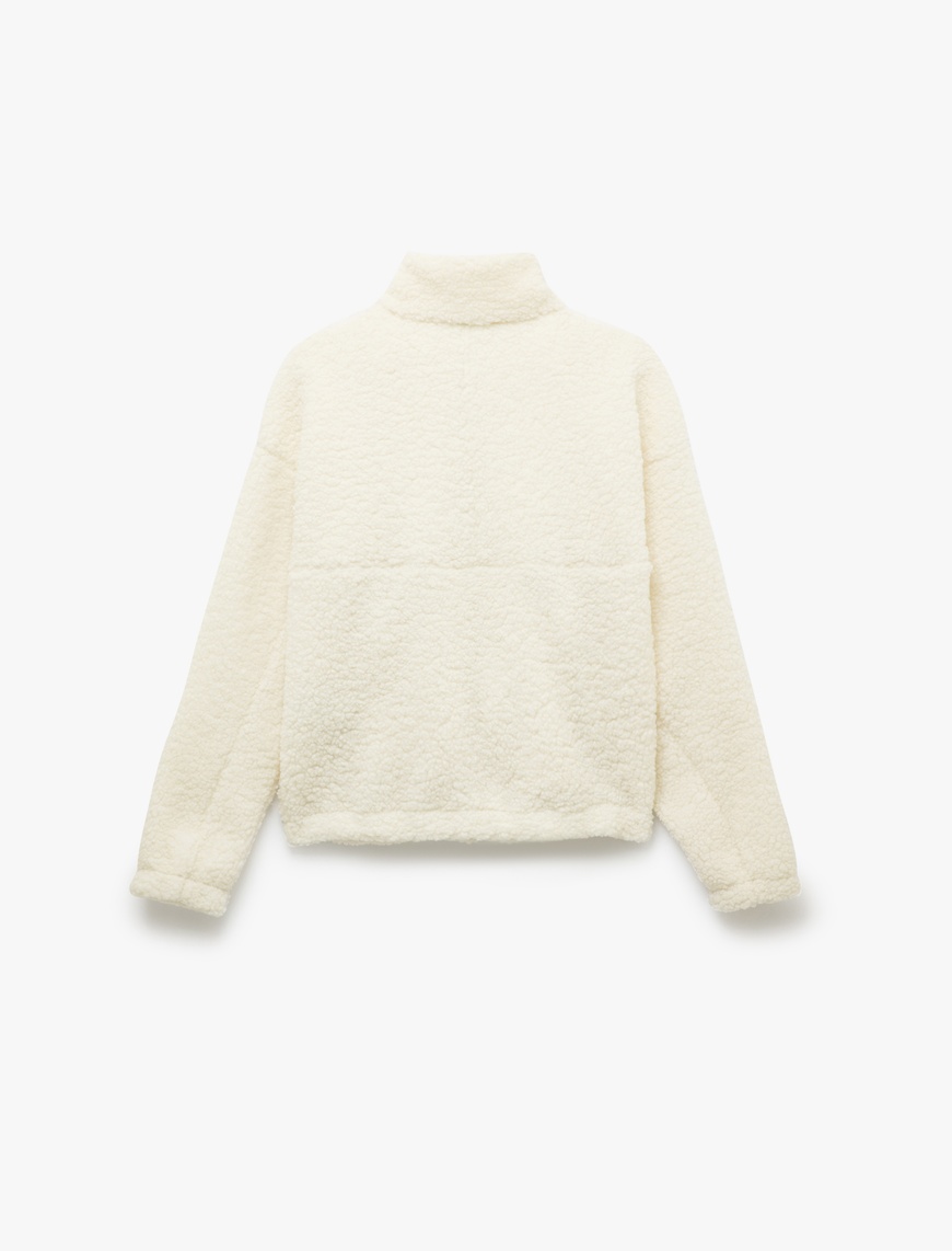   Fermuarlı Dik Yaka Cep Detaylı Oversize Peluş Sweatshirt