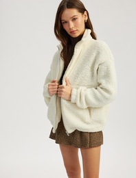 Fermuarlı Dik Yaka Cep Detaylı Oversize Peluş Sweatshirt