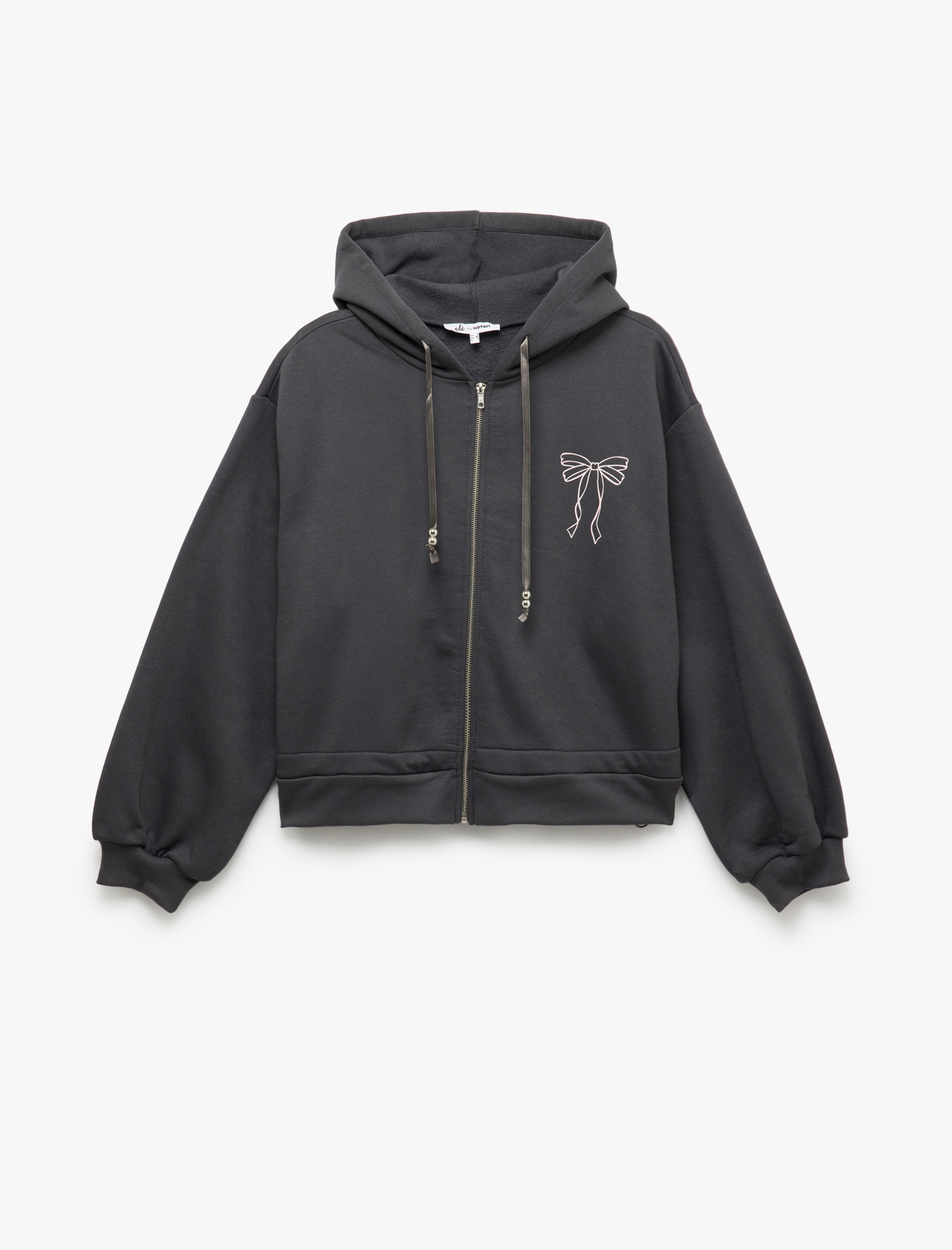   Şardonlu Uzun Kollu Kapüşonlu Fermuarlı Arkası Baskılı Sweatshirt