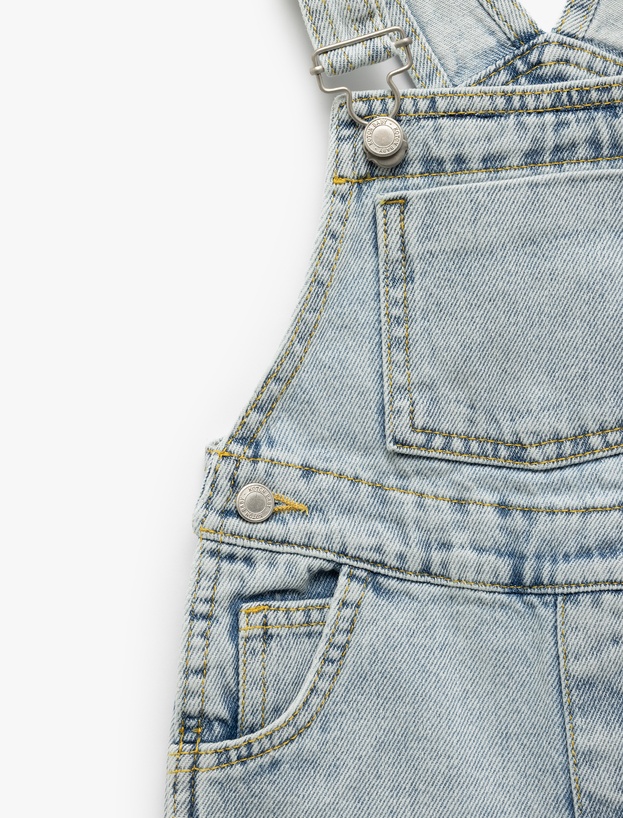 Pamuklu Ayarlanabilir Askılı Cep Detaylı Denim Salopet Şort_2