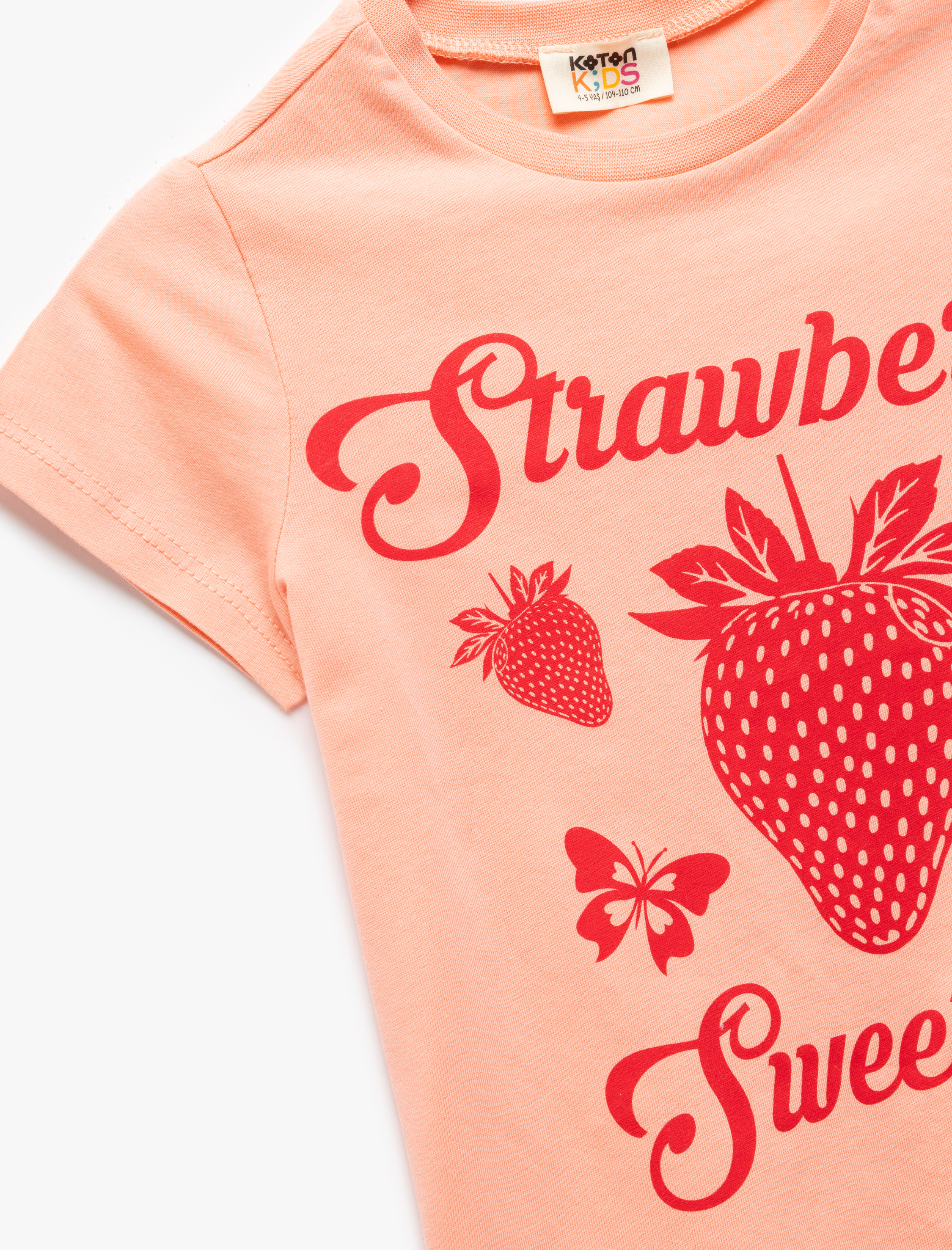  Kız Çocuk Çilek Baskılı Pamuklu Bisiklet Yaka Kısa Kollu Tişört