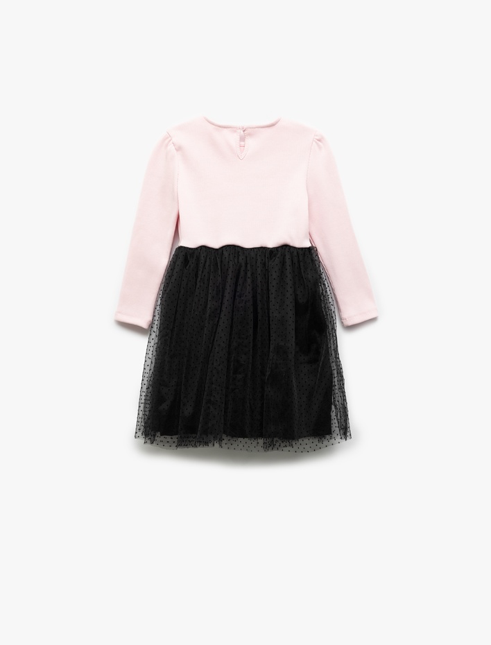 Kız Bebek Pamuklu Fiyonk Detaylı Tül Etekli Uzun Kollu Elbise