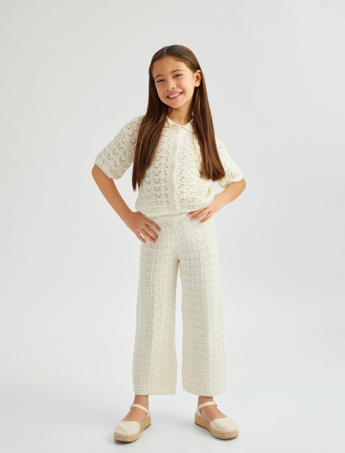 Kız Çocuk Kısa Kollu Ajurlu Polo Yaka Düğme Kapamalı Triko Hırka