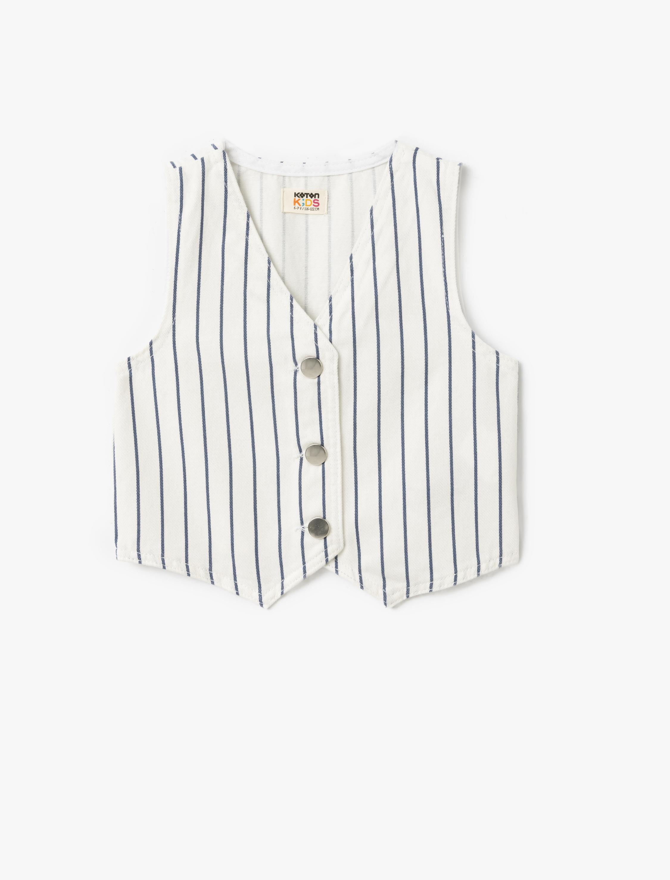  Kız Çocuk Pamuklu Düğme Detaylı V Yaka Çizgili Crop Yelek