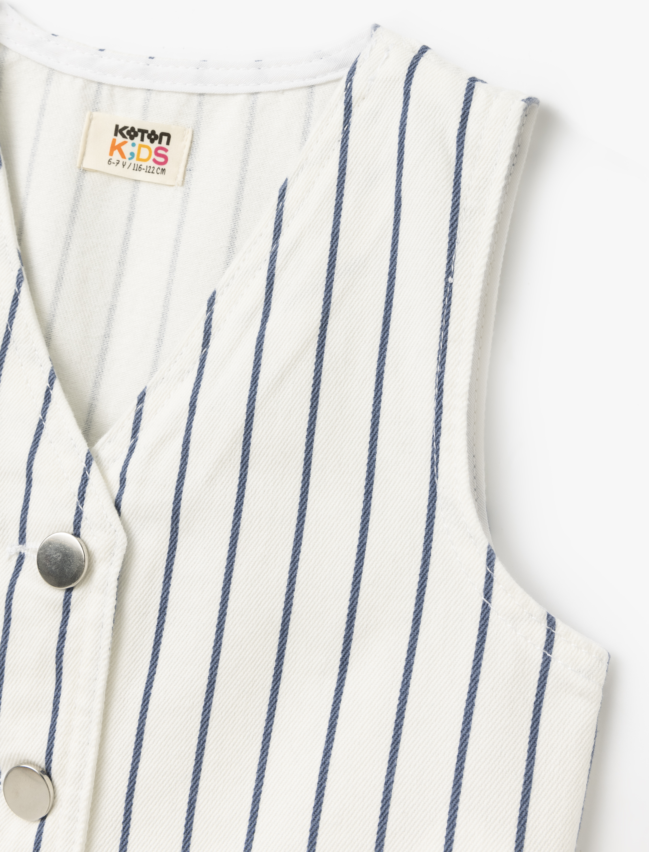  Kız Çocuk Pamuklu Düğme Detaylı V Yaka Çizgili Crop Yelek