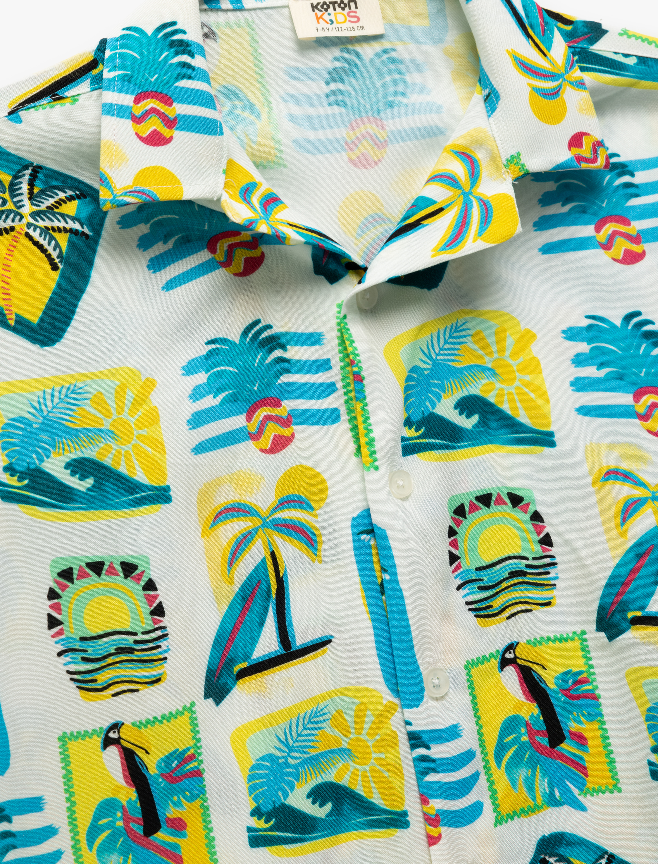  Erkek Çocuk Pamuklu Yaz Temalı Baskı Detaylı Kısa Kollu Viskon Gömlek