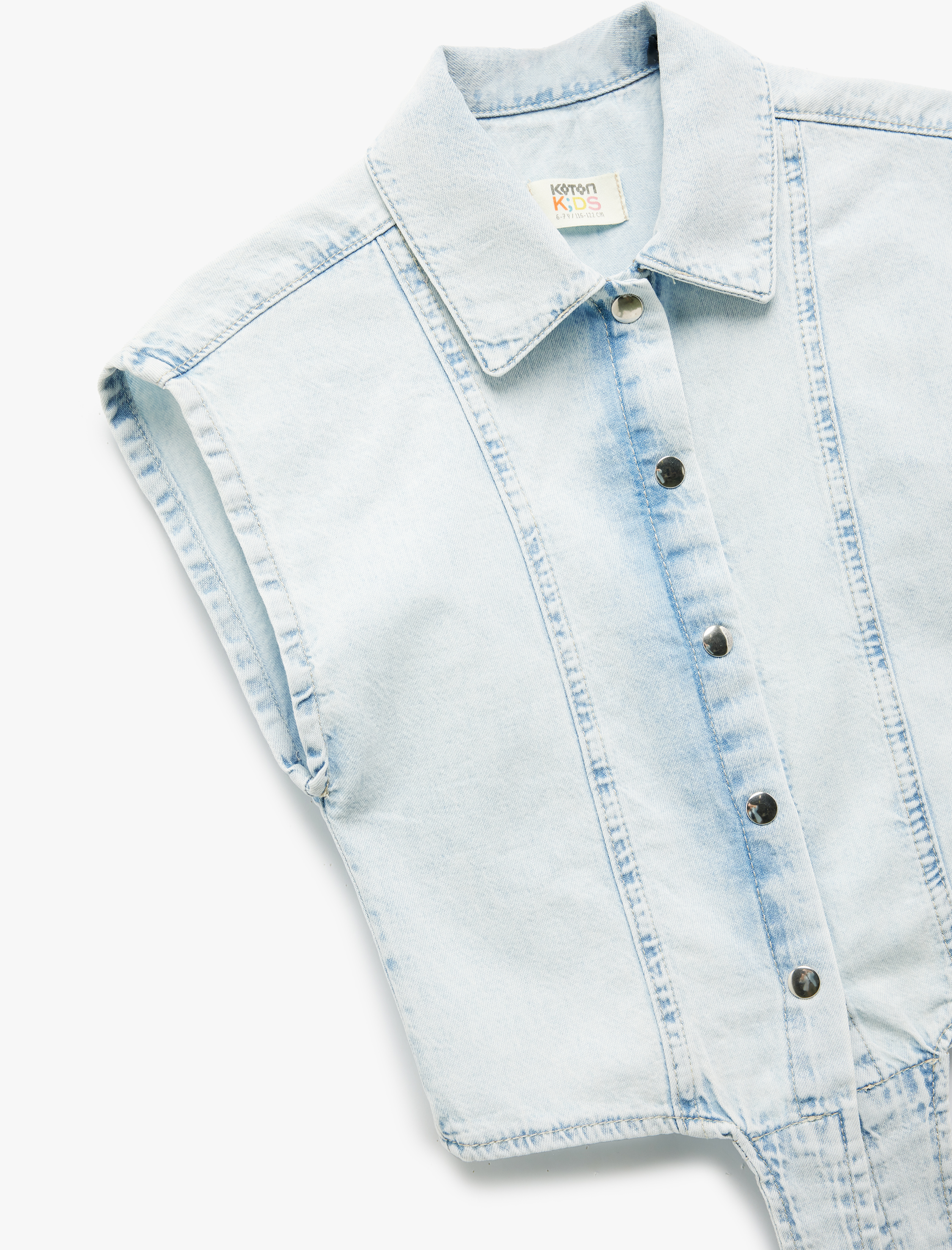  Kız Çocuk Düğme Kapamalı Bağlama Detaylı Pamuklu Crop Denim Gömlek