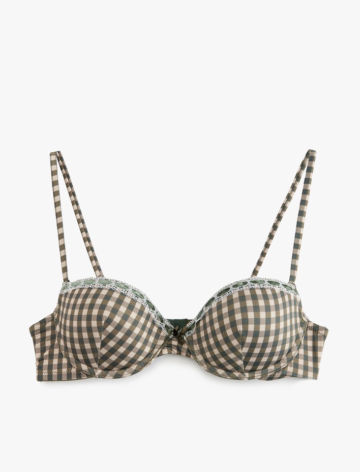  Dantel Detaylı Ekoseli Balenli Sütyen