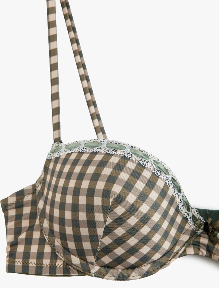  Dantel Detaylı Ekoseli Balenli Sütyen