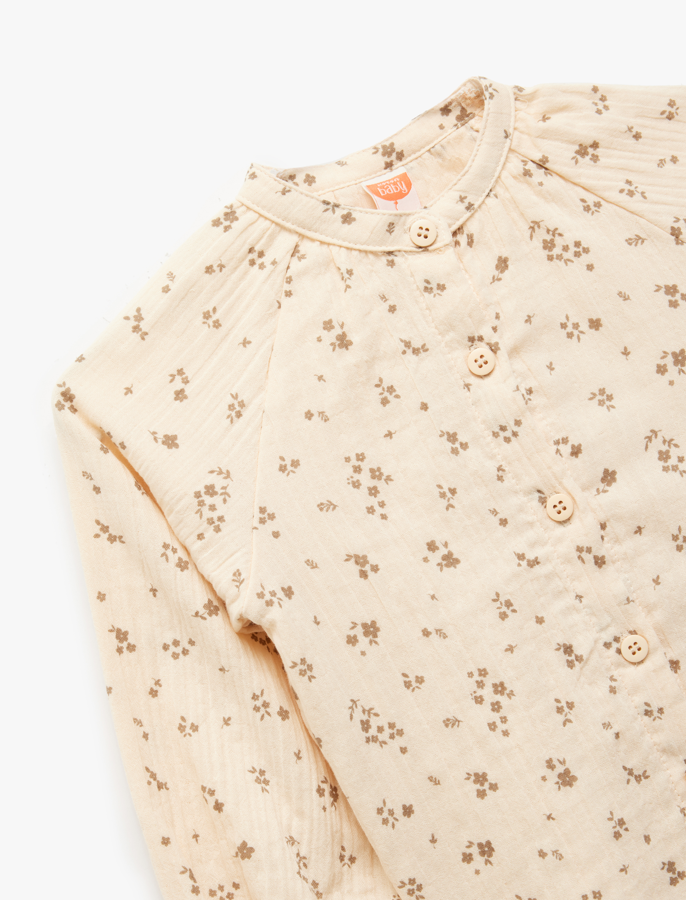  Kız Bebek Pamuklu Çiçek Desenli Yuvarlak Yaka Uzun Kollu Gömlek