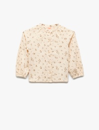 Pamuklu Çiçek Desenli Yuvarlak Yaka Uzun Kollu Gömlek