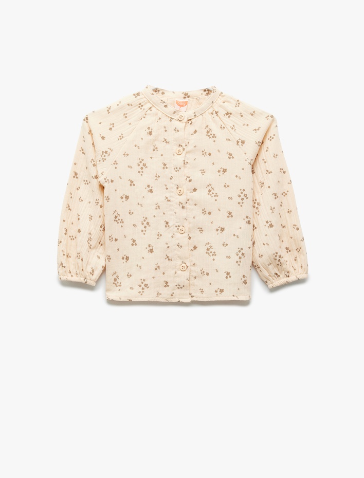Kız Bebek Pamuklu Çiçek Desenli Yuvarlak Yaka Uzun Kollu Gömlek