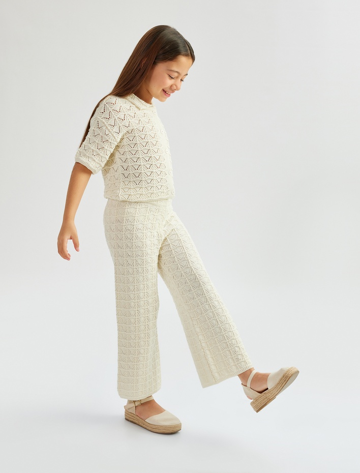 Kız Çocuk Bol Paça Ajurlu Triko Pantolon