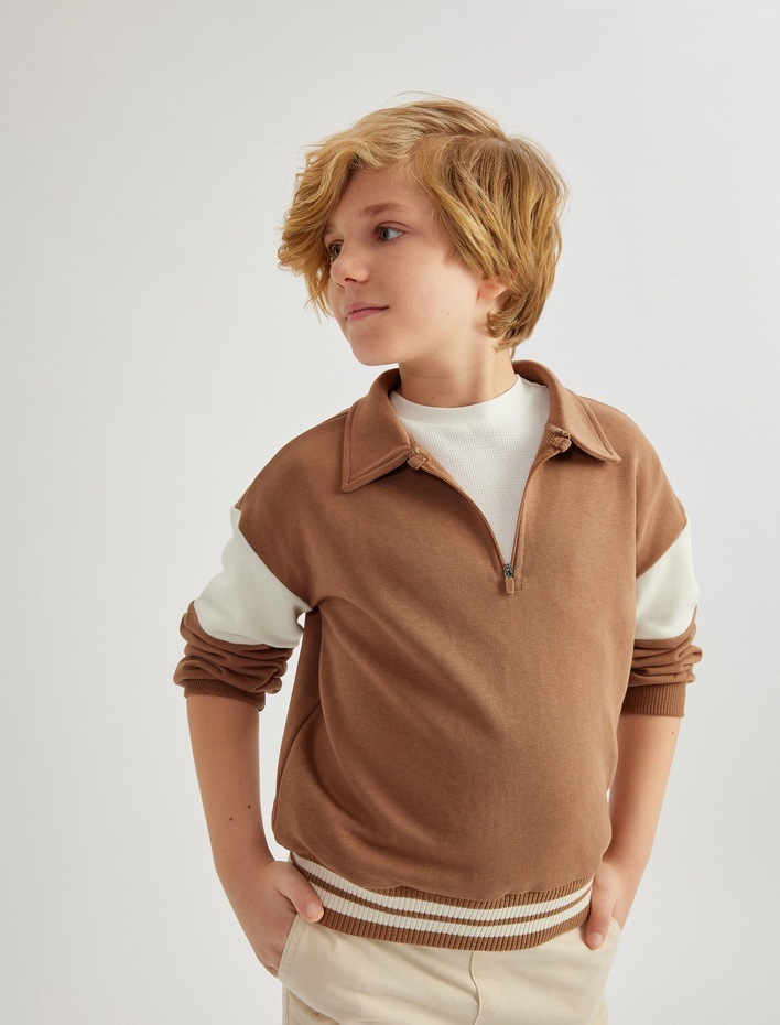 Erkek Çocuk Uzun Kollu Yarım Fermuarlı Oversize Polo Yaka Sweatshirt