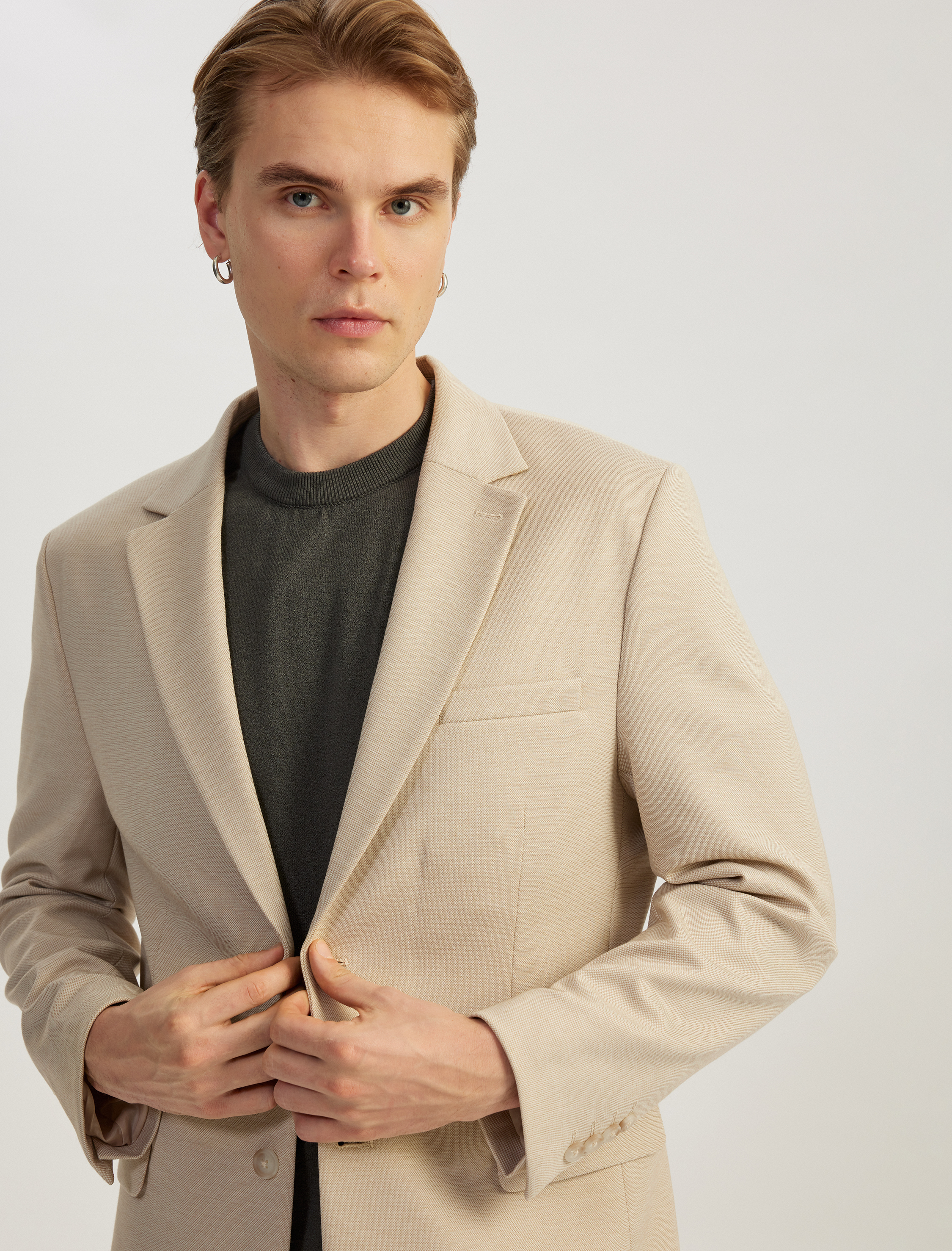Koton Erkek Düğmeli Cepli Viskon Karışımlı Pike Kumaş Mono Yaka Slim Fit Blazer Ceket -1