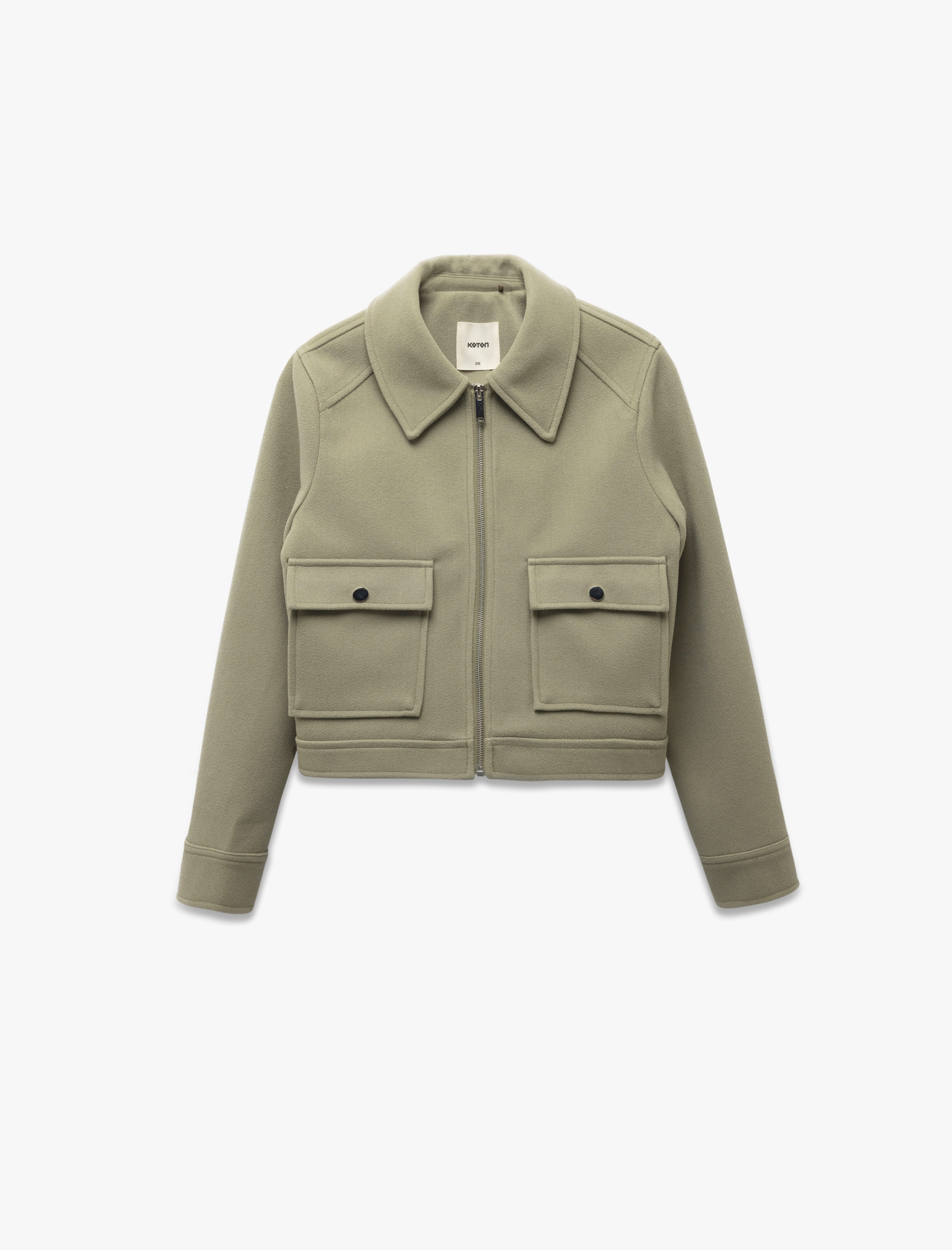 Kapaklı Cep Detaylı Uzun Kollu Fermuarlı Kruvaze Kısa Ceket