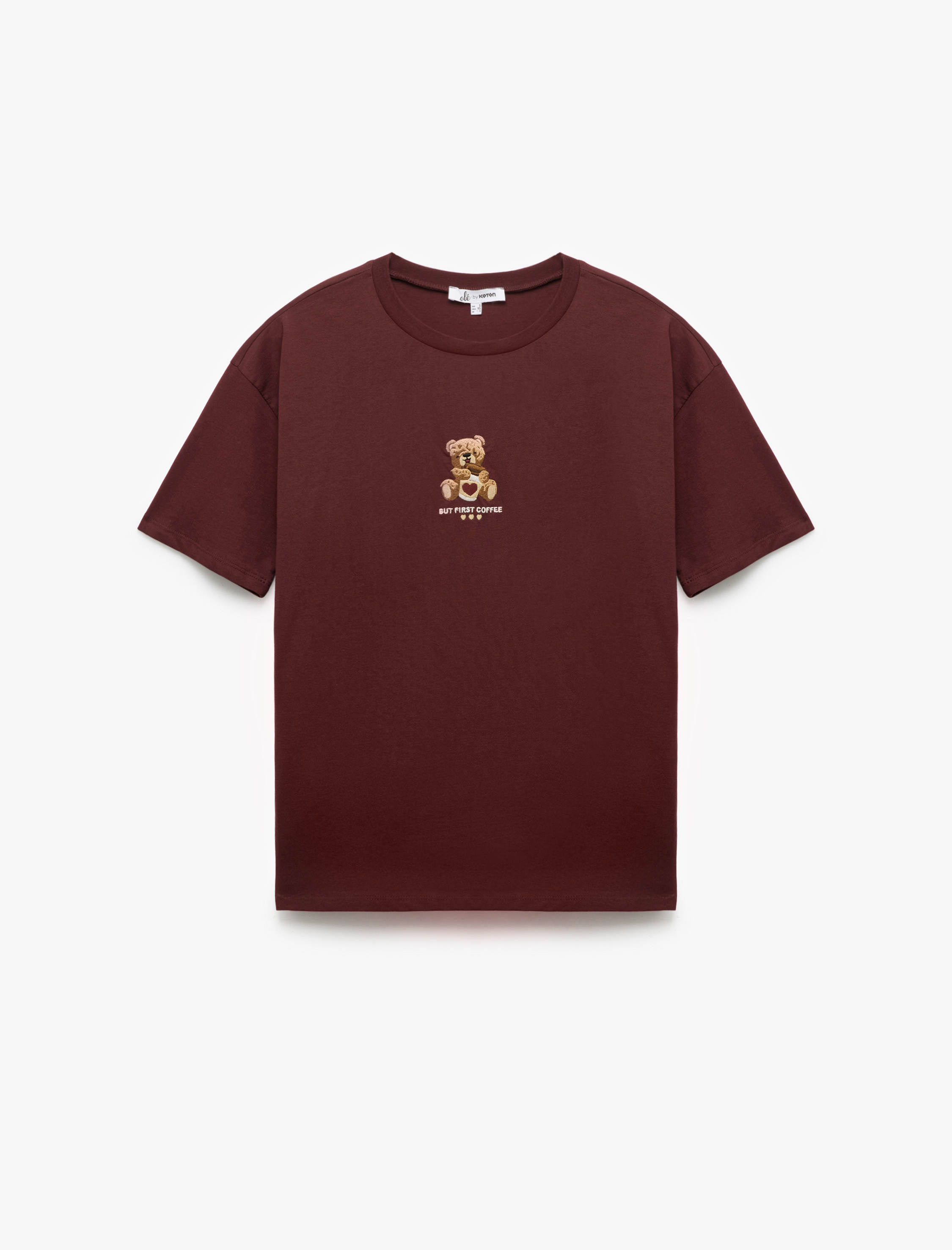 Ayıcık Nakışlı Bisiklet Yaka Pamuklu Kısa Kollu Tişört