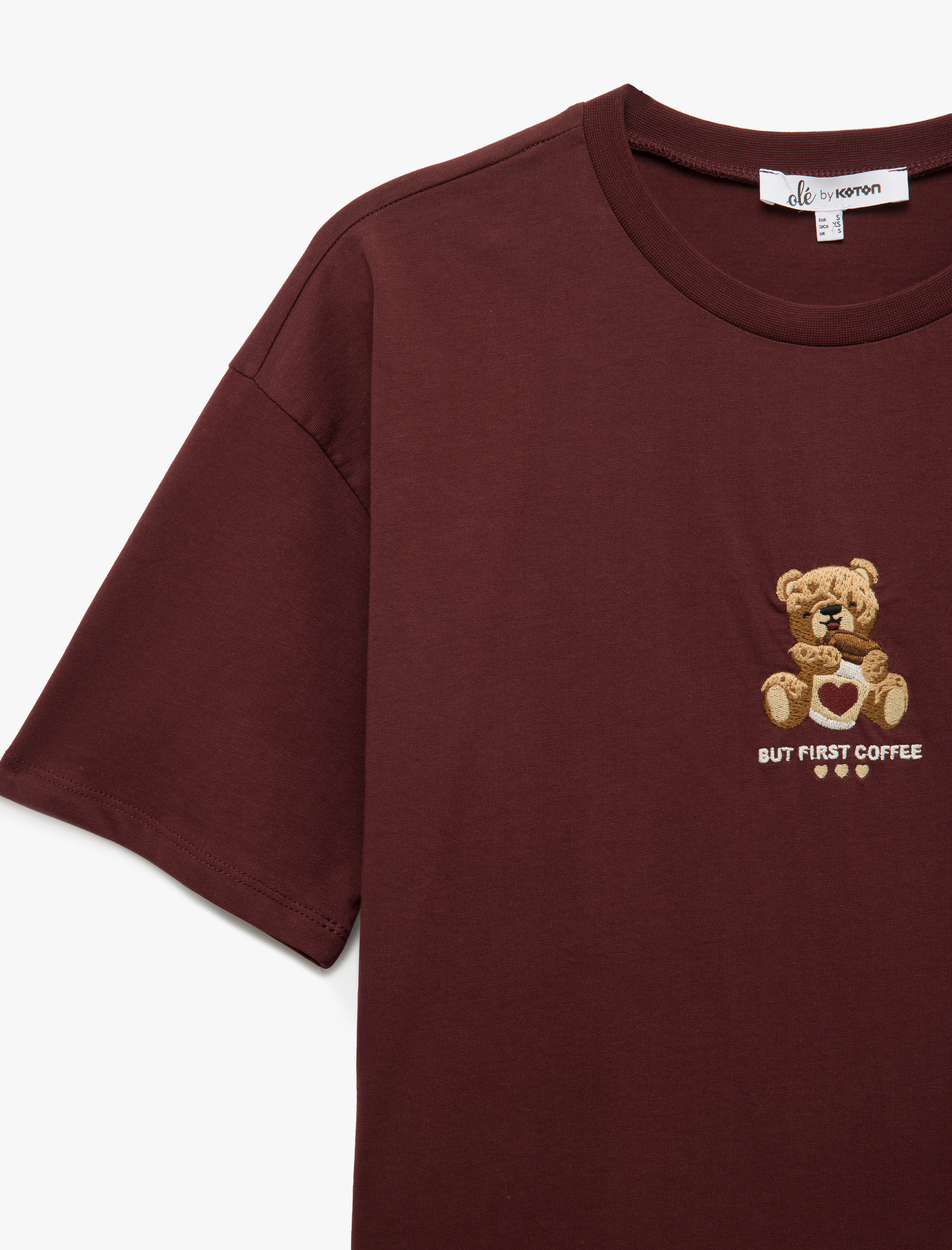 Ayıcık Nakışlı Bisiklet Yaka Pamuklu Kısa Kollu Tişört