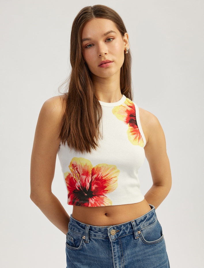  Çiçek Baskılı Kolsuz Bisiklet Yaka Slim Fit Üst