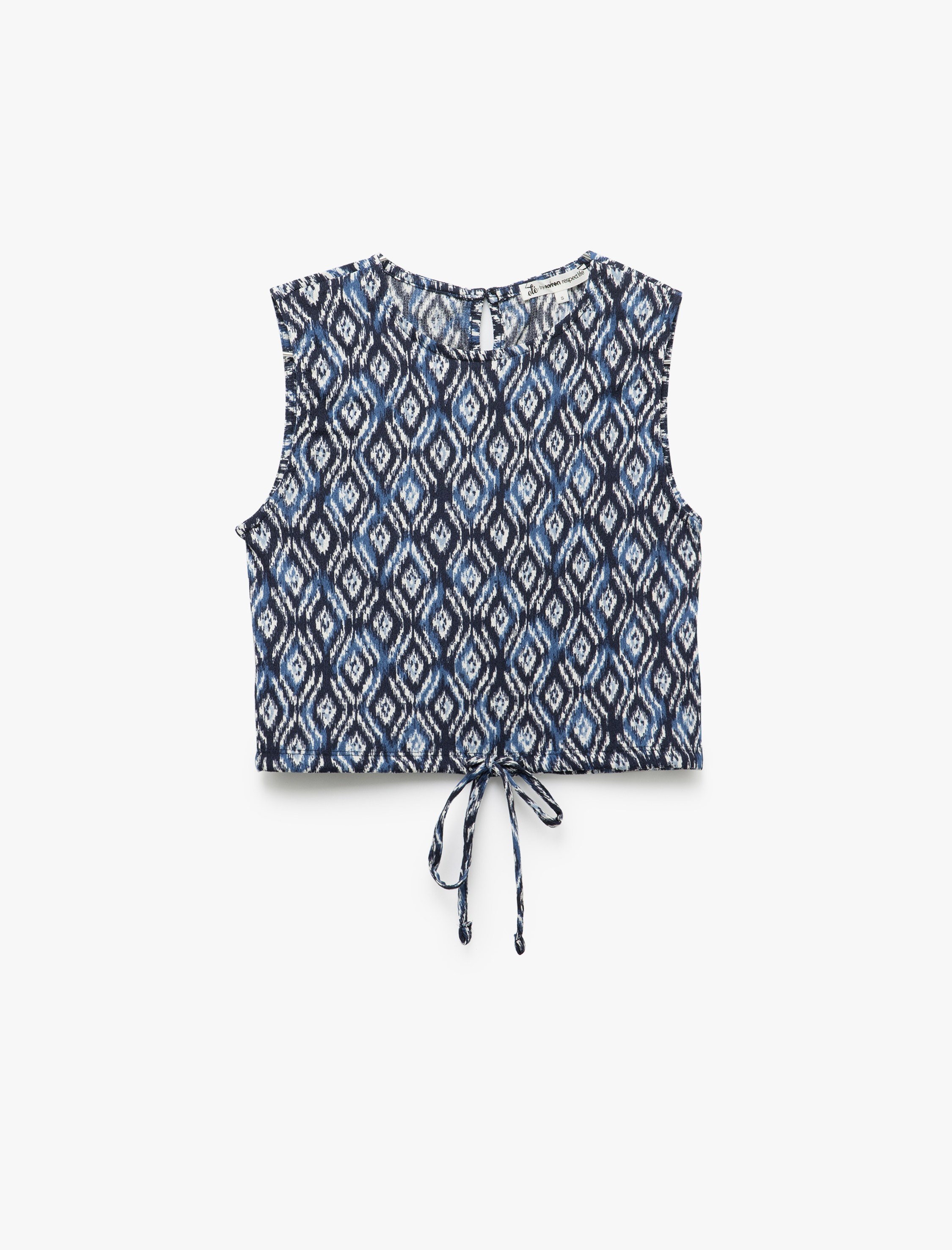   Desenli Bisiklet Yaka Bağcık Detaylı Kolsuz Crop Üst Bürümcük