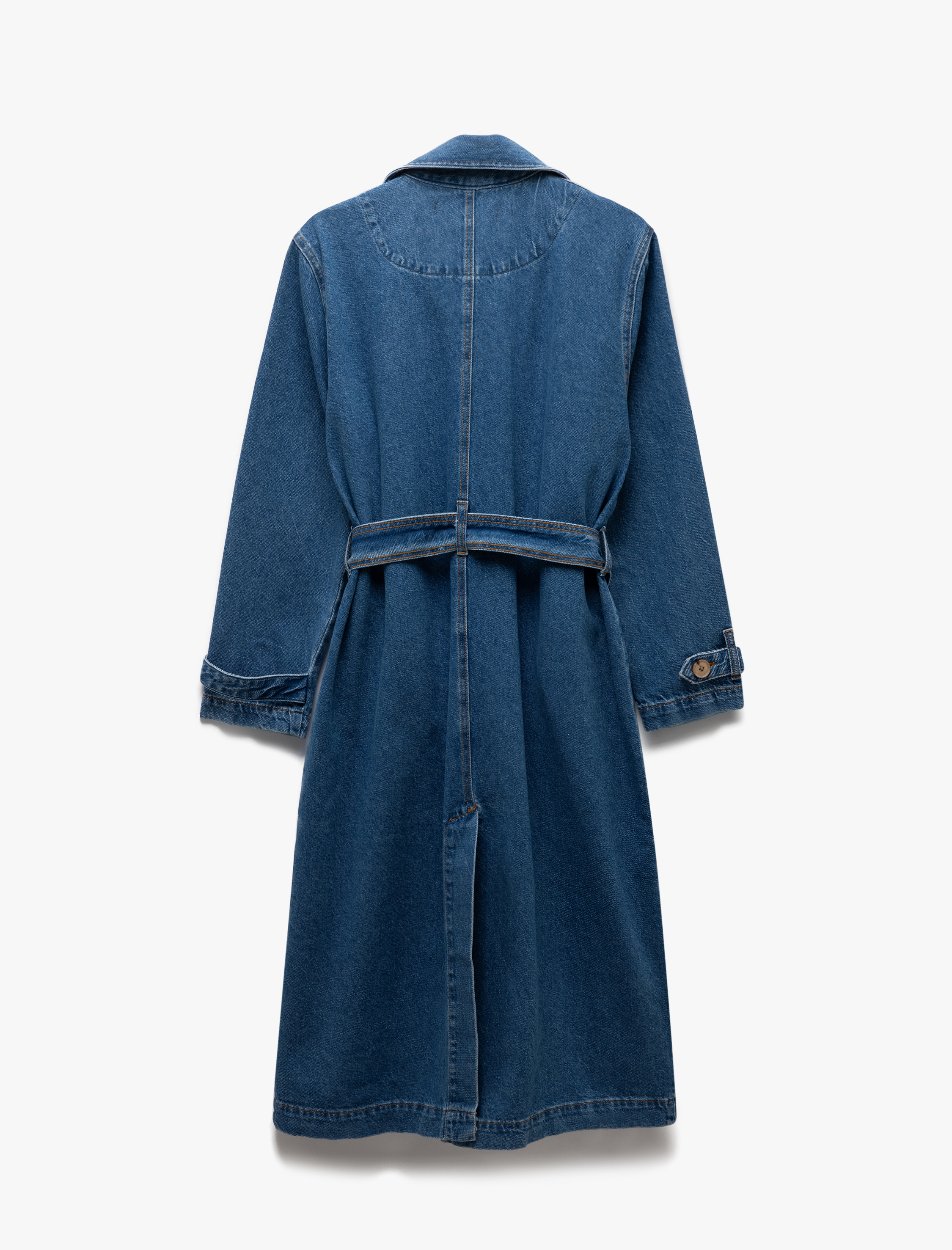   Uzun Kollu Cepli Klasik Yaka Kemer Detaylı Denim Trençkot