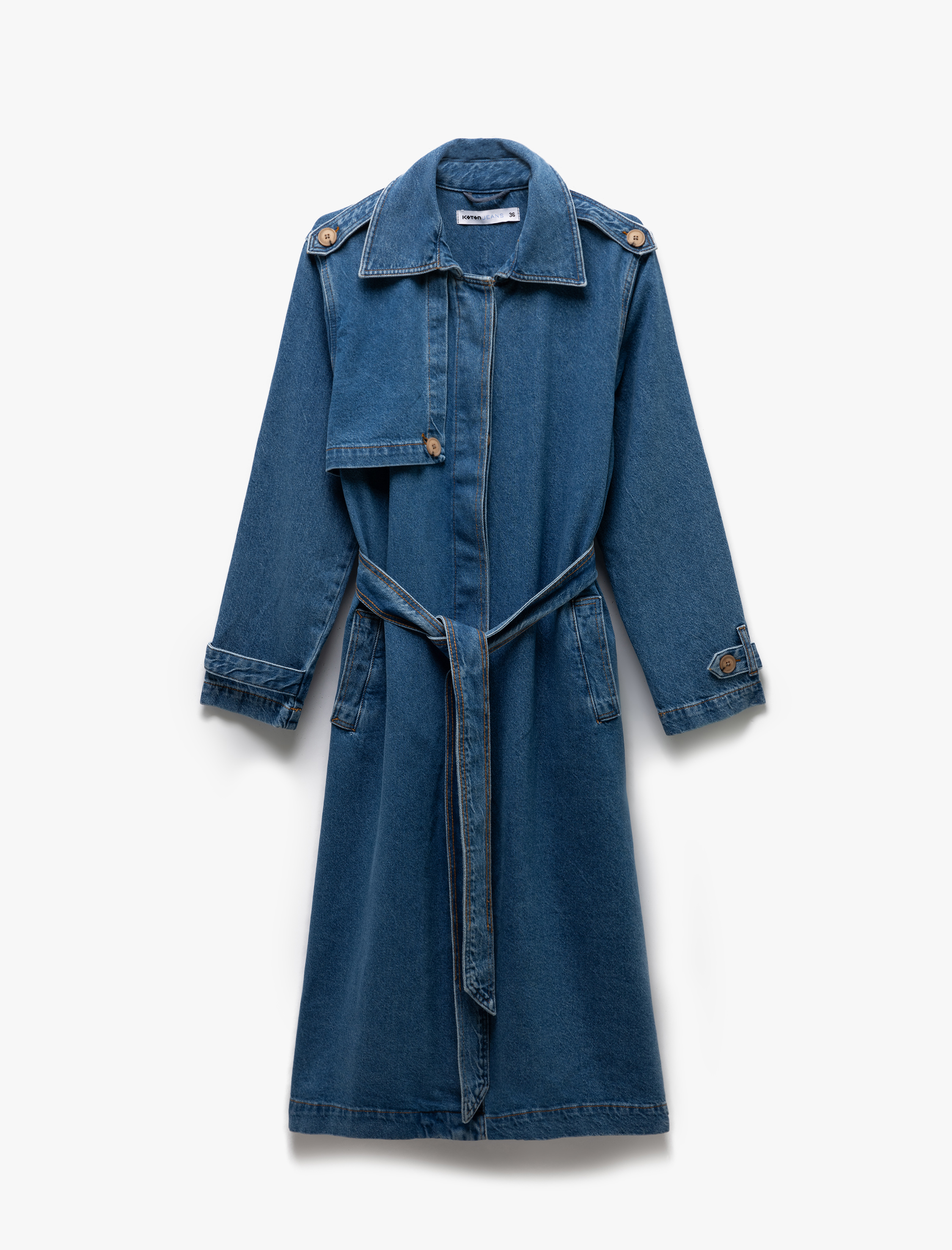   Uzun Kollu Cepli Klasik Yaka Kemer Detaylı Denim Trençkot