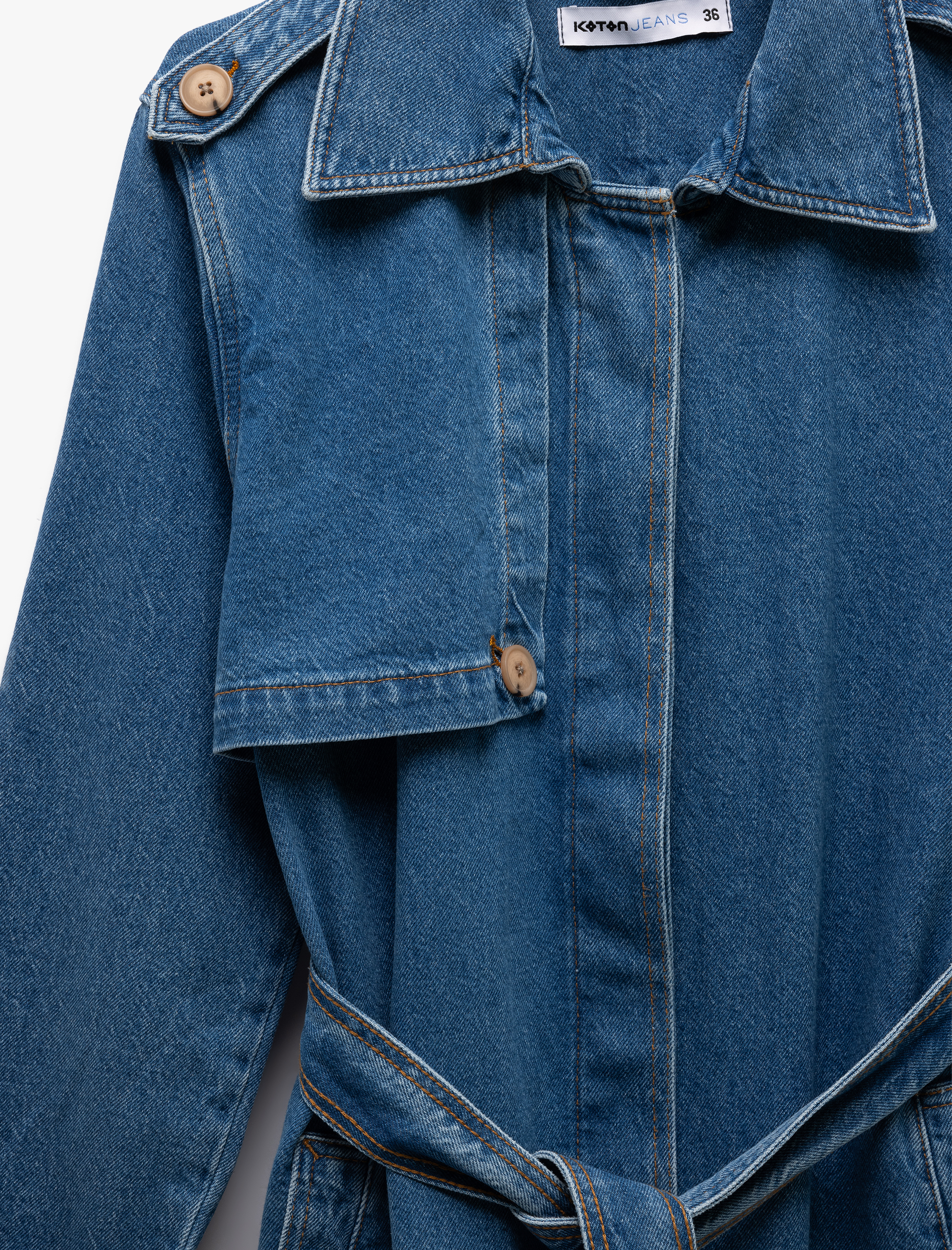   Uzun Kollu Cepli Klasik Yaka Kemer Detaylı Denim Trençkot