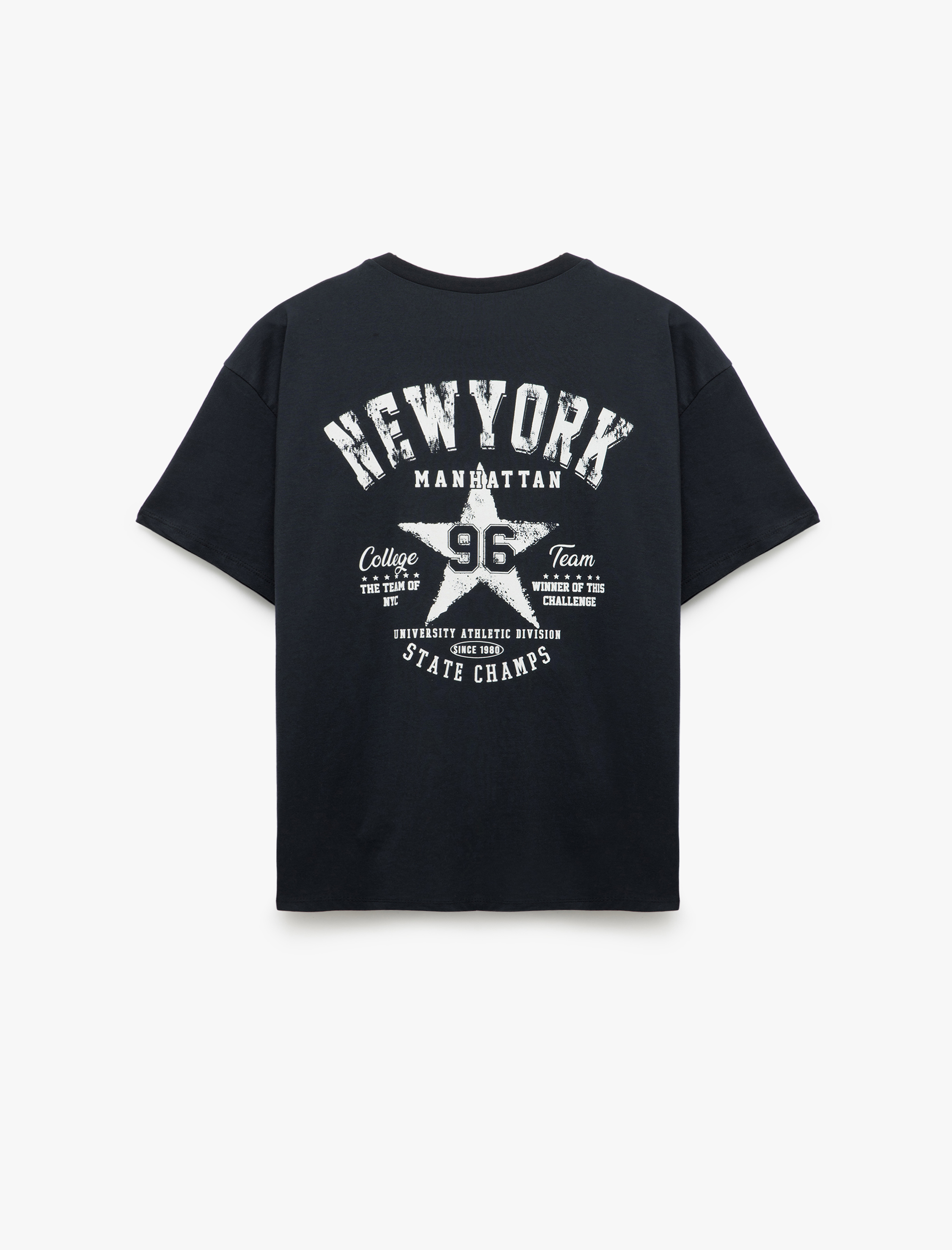   Arkası Kolej Baskılı Bisiklet Yaka Pamuklu Kısa Kollu Tişört