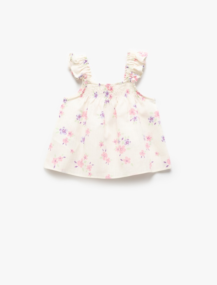 Kız Bebek Çiçek Desenli Büzgü Detaylı Askılı Bluz