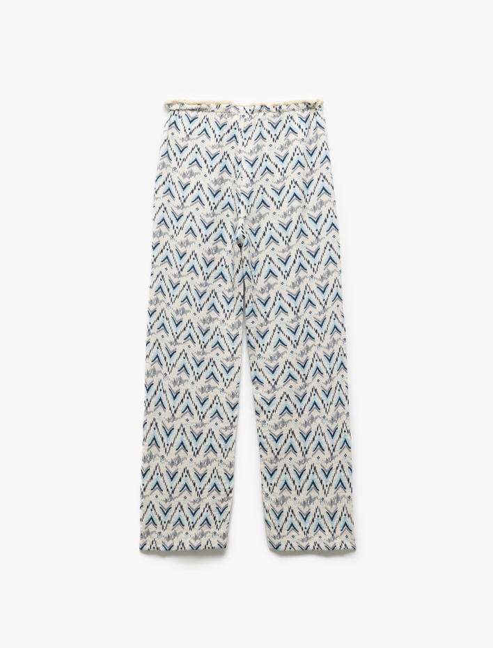 Kız Çocuk Viskon Beli Bağcıklı Desenli Düz Paça Pantolon