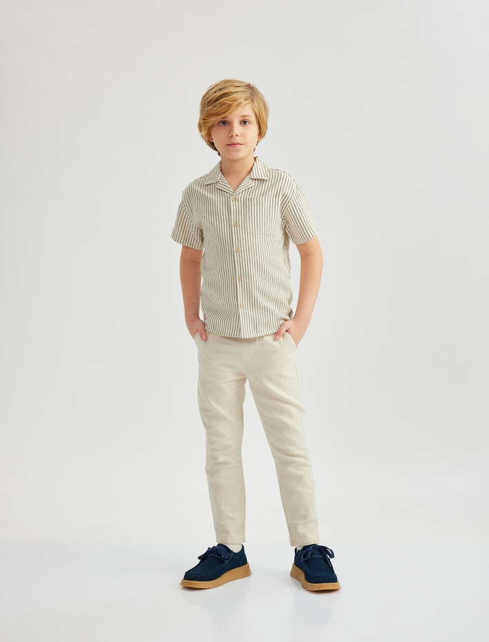 Erkek Çocuk Pamuklu Cep Detaylı Çizgili Kısa Kollu Gömlek