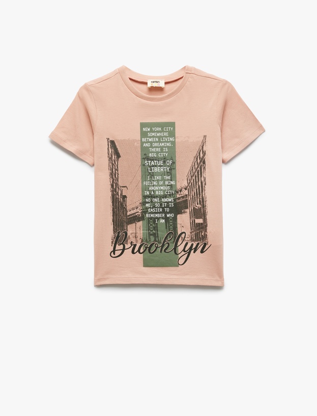 Pamuklu Baskılı Bisiklet Yaka Kısa Kollu Tişört_0