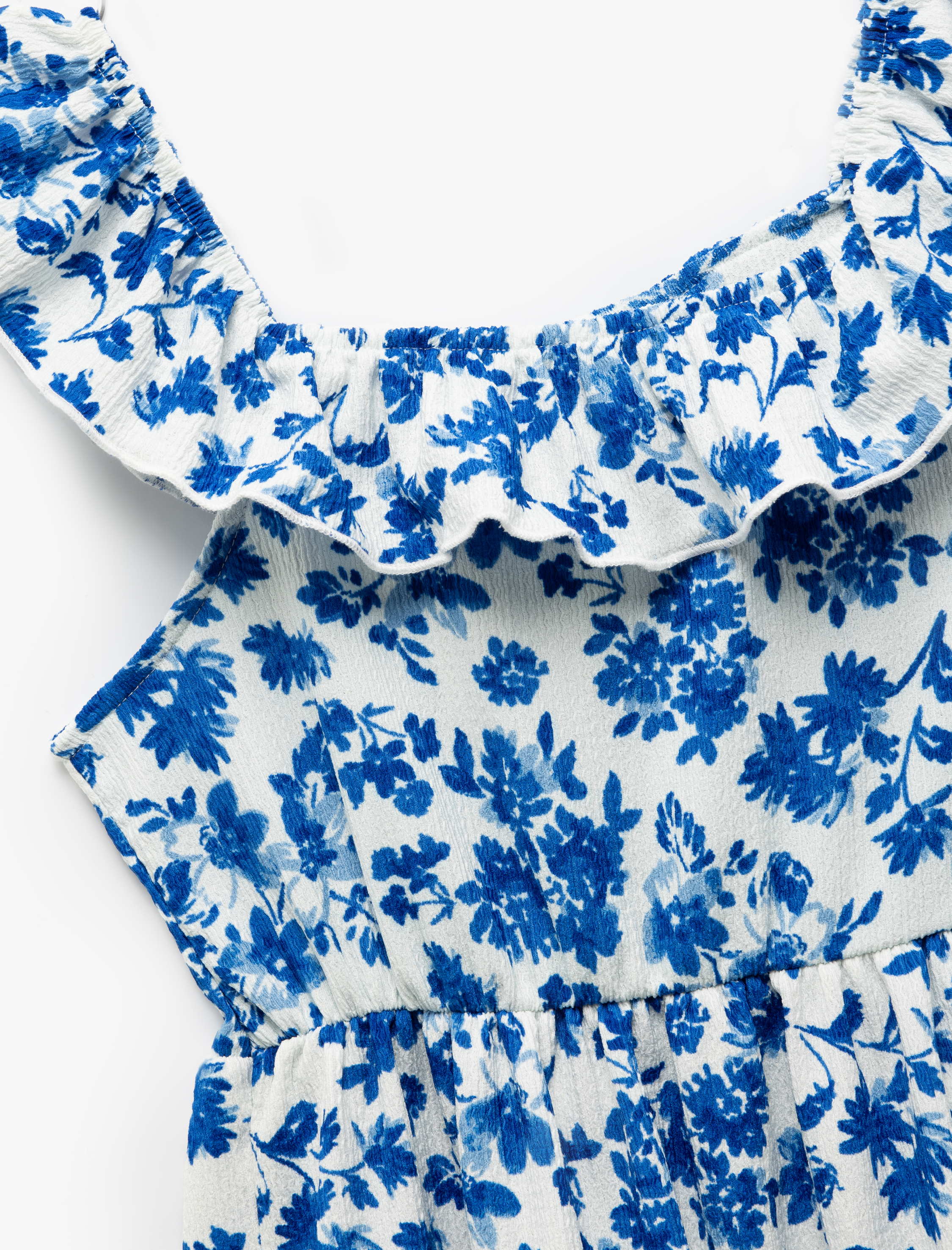 Kız Çocuk Fırfır Detaylı Düşük Omuz Kolsuz Çiçekli Elbise