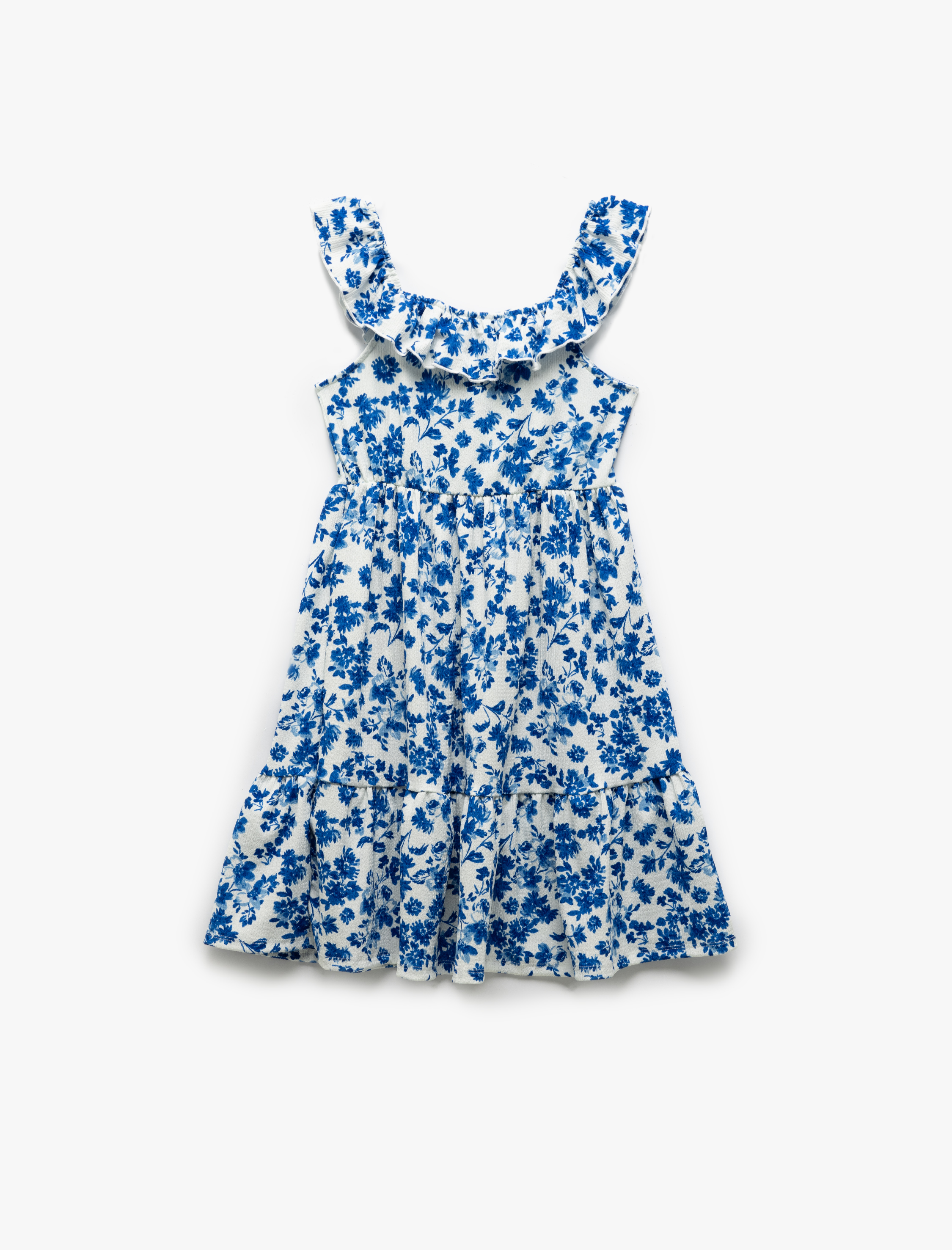 Kız Çocuk Fırfır Detaylı Düşük Omuz Kolsuz Çiçekli Elbise