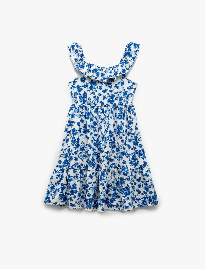 Kız Çocuk Fırfır Detaylı Düşük Omuz Kolsuz Çiçekli Elbise