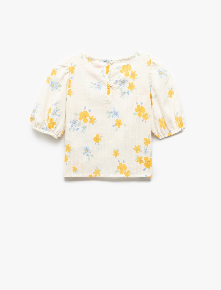 Kız Bebek Çiçekli Bluz Asimetrik Kesim Balon Kollu Yuvarlak Yaka