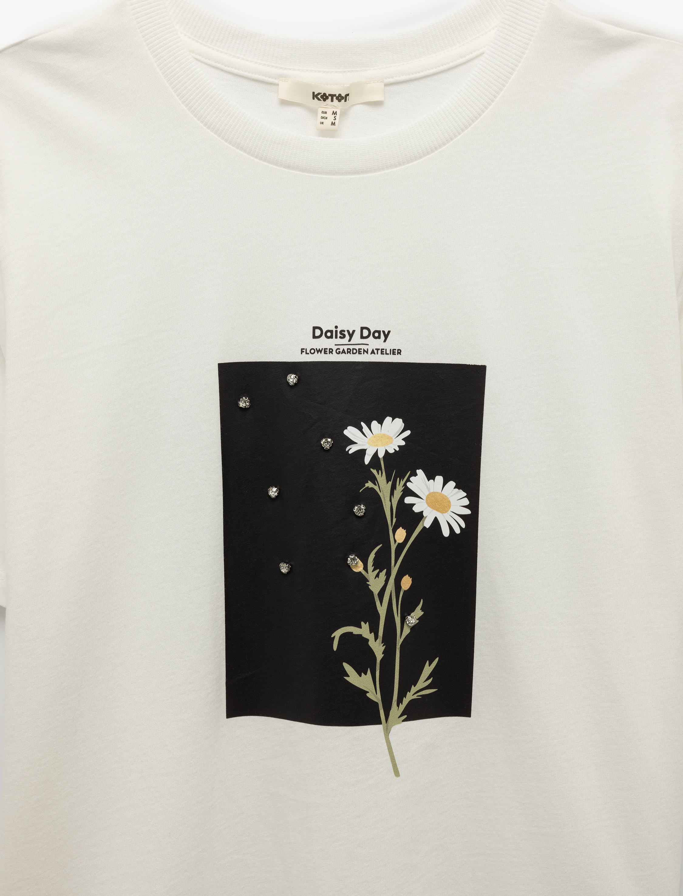   Pamuklu Bisiklet Yaka Kısa Kollu Papatya Baskılı Tişört