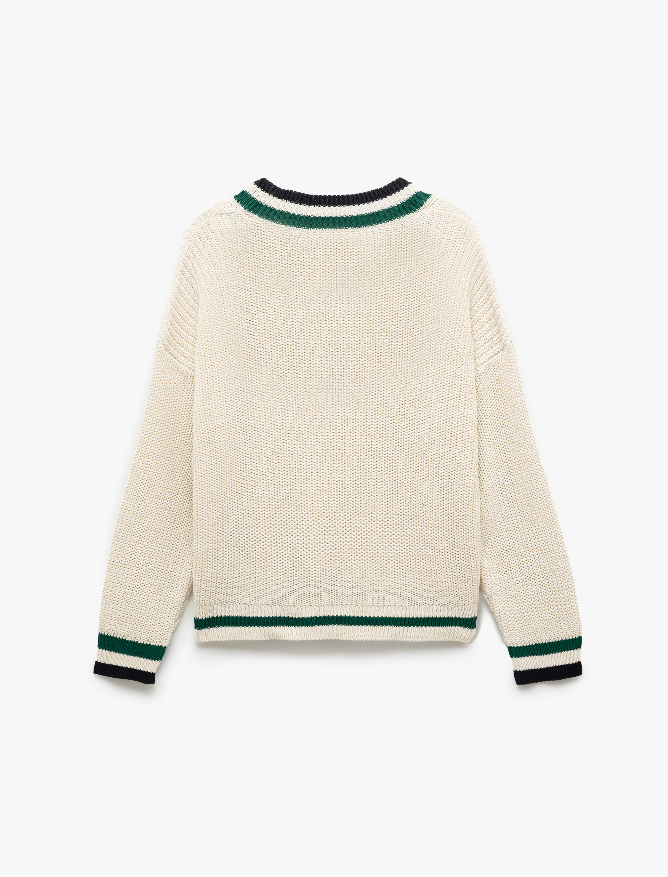 Uzun Kollu V Yaka Çizgili Triko Oversize Kazak