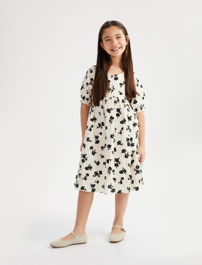 Kız Çocuk Çiçek Desenli A Kesim Pamuklu Kısa Kollu Elbise