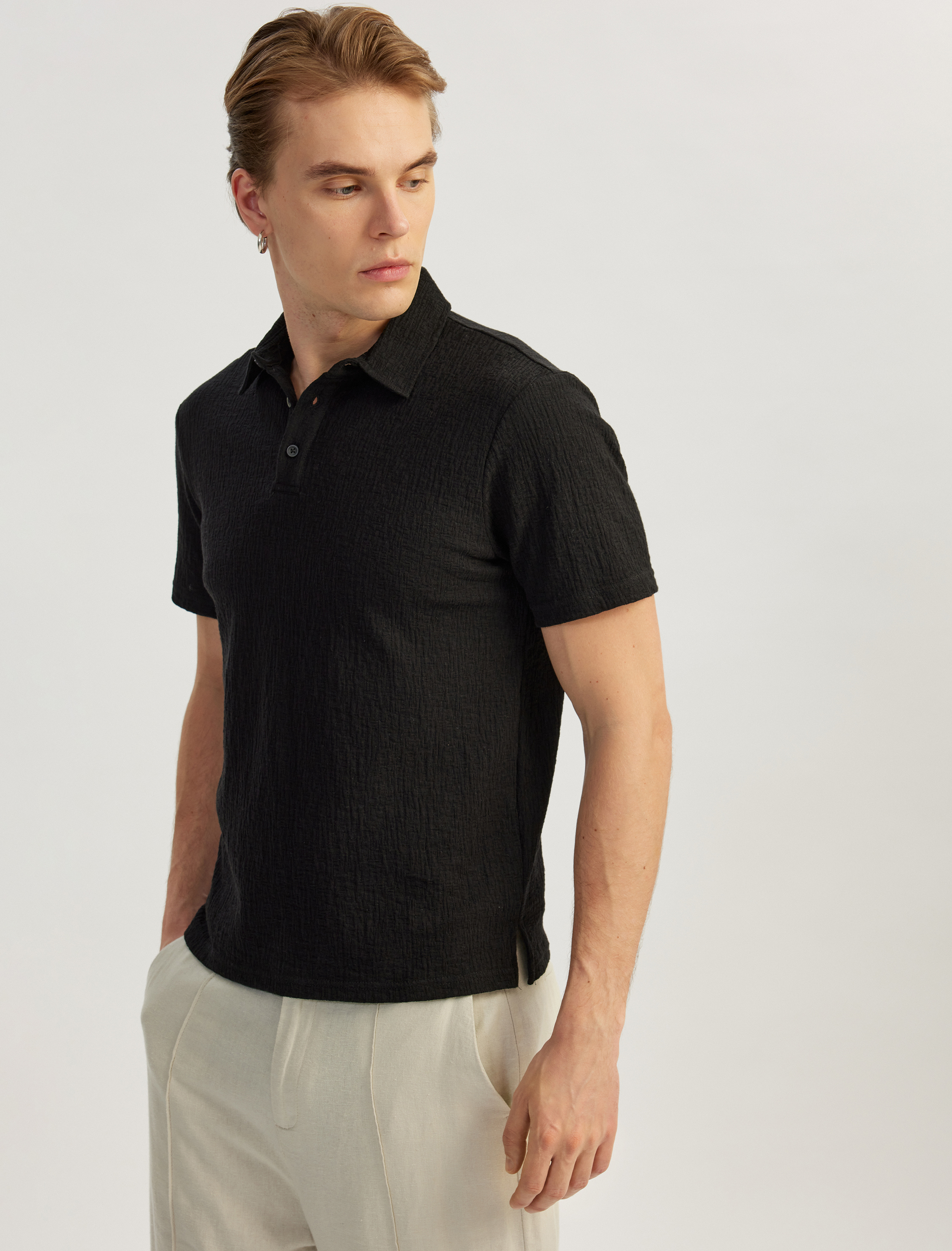 Kısa Kollu Pamuk Karışımlı Regular Fit Dokulu Polo Yaka Tişört
