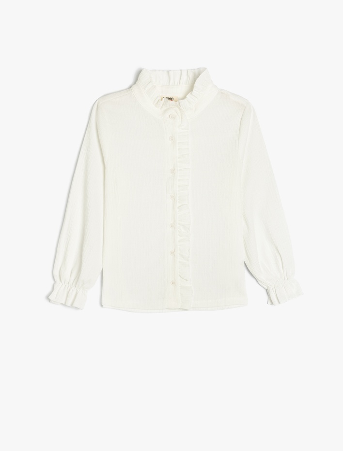 Kız Çocuk Fırfır Detaylı Dik Yaka Uzun Kollu Düğmeli Bluz