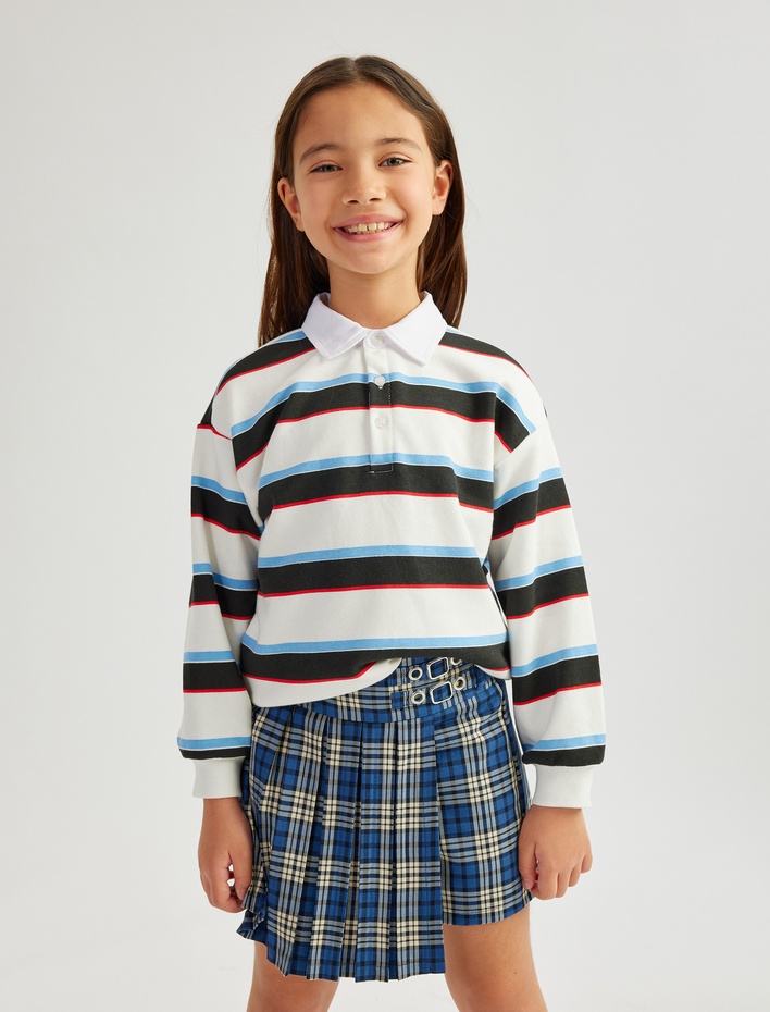 Kız Çocuk Çizgili Uzun Kollu Düğme Detaylı Polo Yaka Sweatshirt
